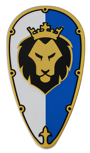 Щит Lego Minifigure, Shield Ovoid with Gold and Black Border and Lion Head on White and Blue Background Pattern 2586pb006